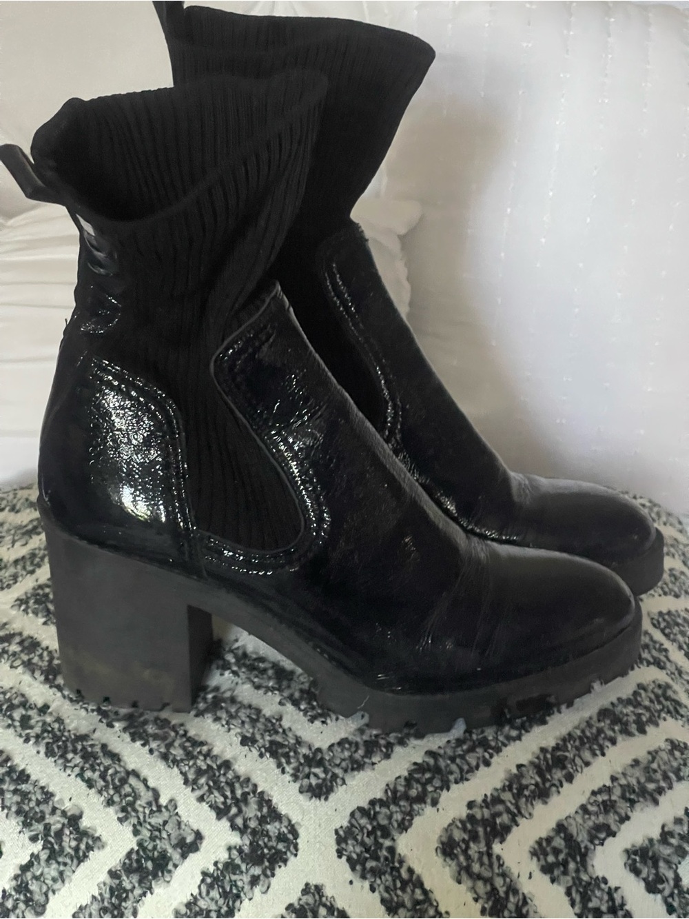 Women’s Black Patent Chunky Heel Sock Ankle Boots